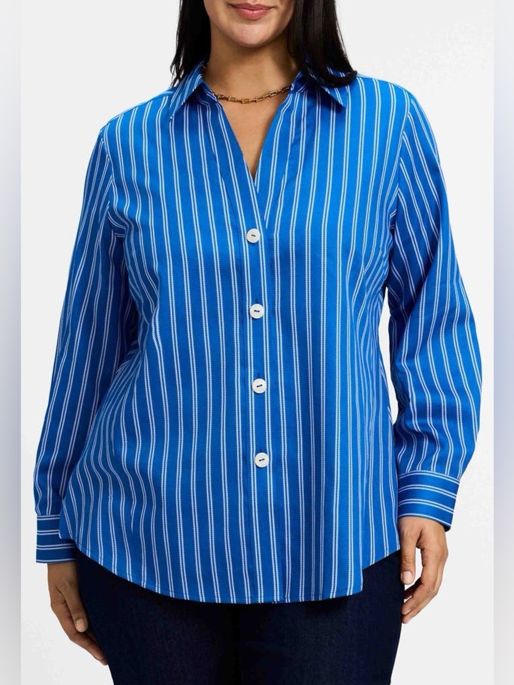 Foxcroft Paityn Stripe Cotton Button-Up Shirt Blue White